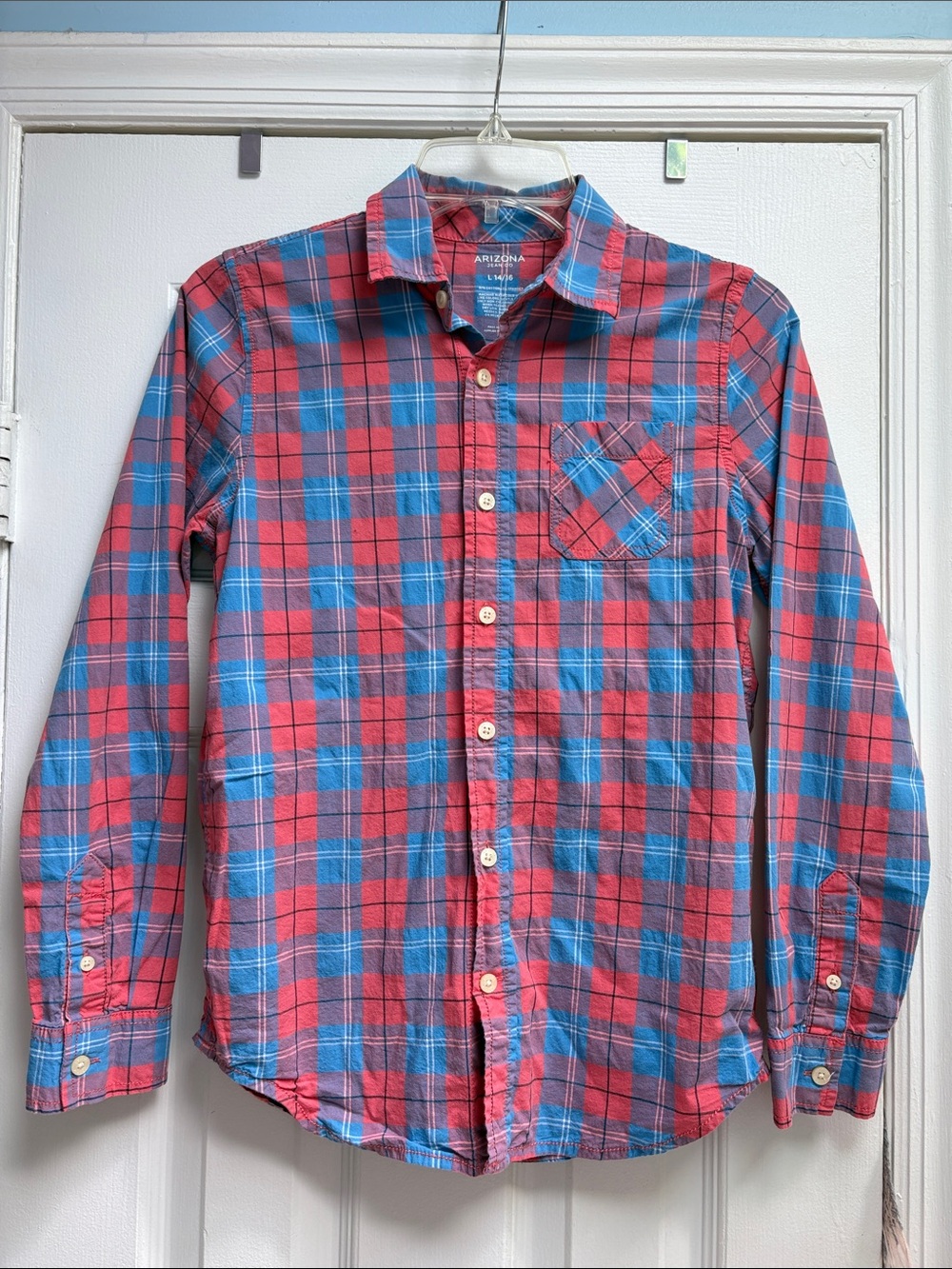Arizona Jean Company Red Blue Plaid Long-Sleeves Button-Down Shirt Boys Size L !